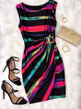 Y2K Colorful Stripe Ruched Dress Buckle Waist Tahari Petite 8P